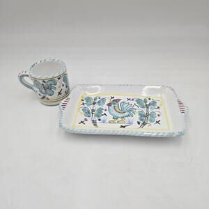 Vintage Espresso Cup And Small Tray Italy Majolica Hand Painted Rooster Signed